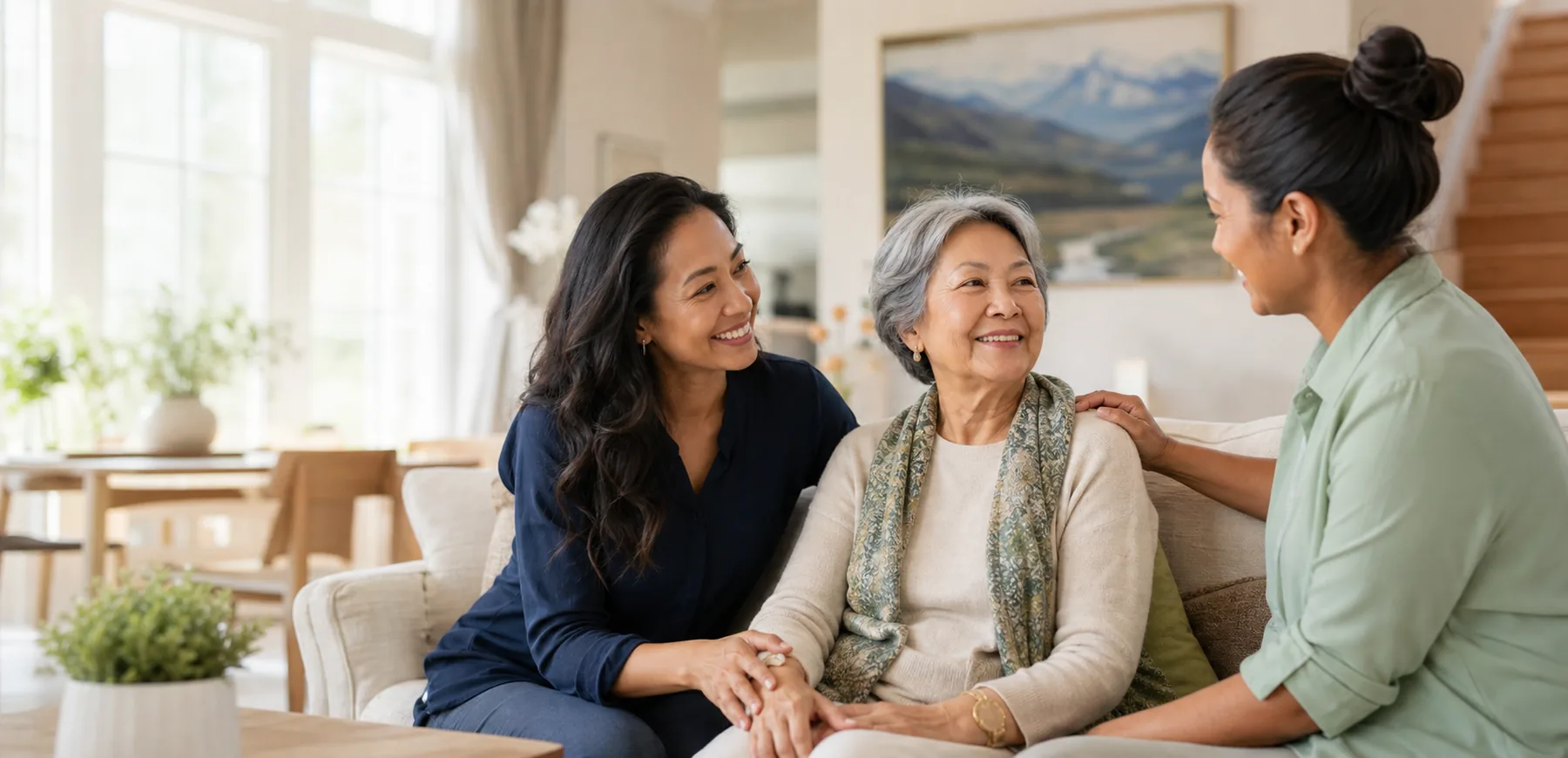 A caregiver sharing a warm, culturally connected moment with a senior client at home in Calgary
